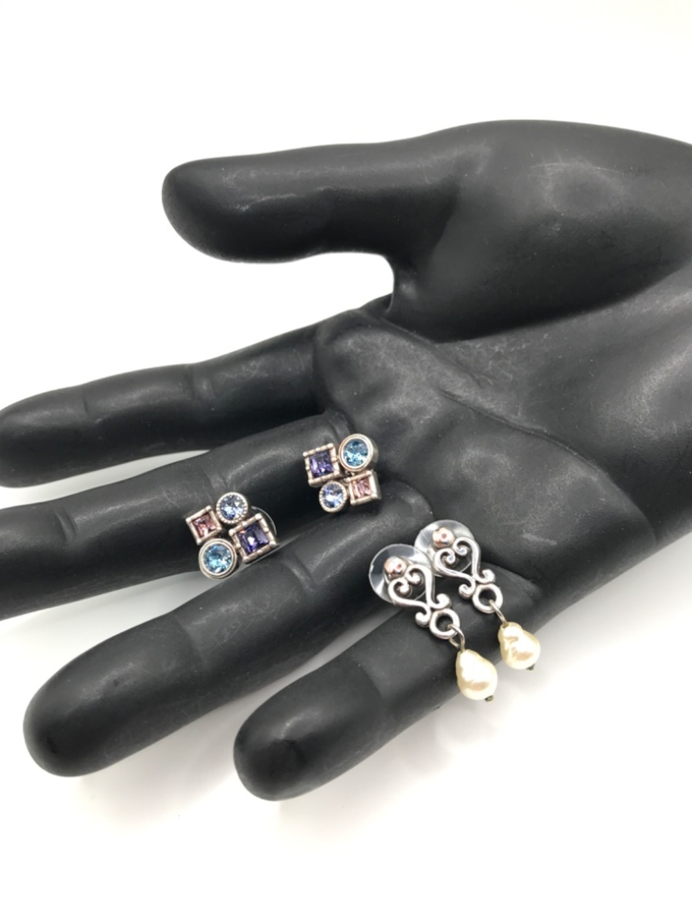 Brighton Earrings Lot of 2 Dangle & Pierced Stud Faux Topaz & Pearl Silver Plate